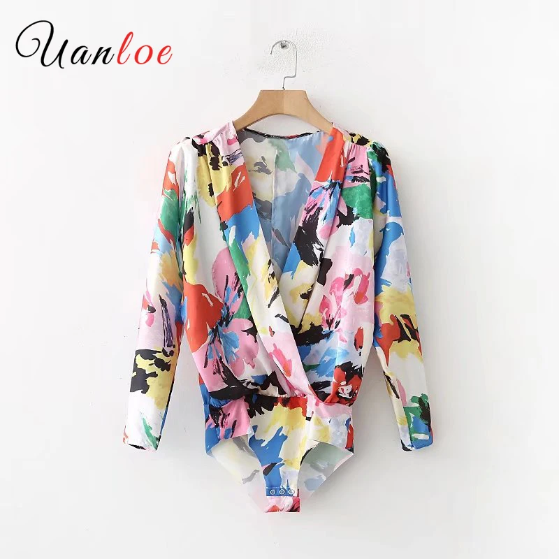 2019 Для женщин с v образным вырезом цветочным рисунком полноцветное принтованное