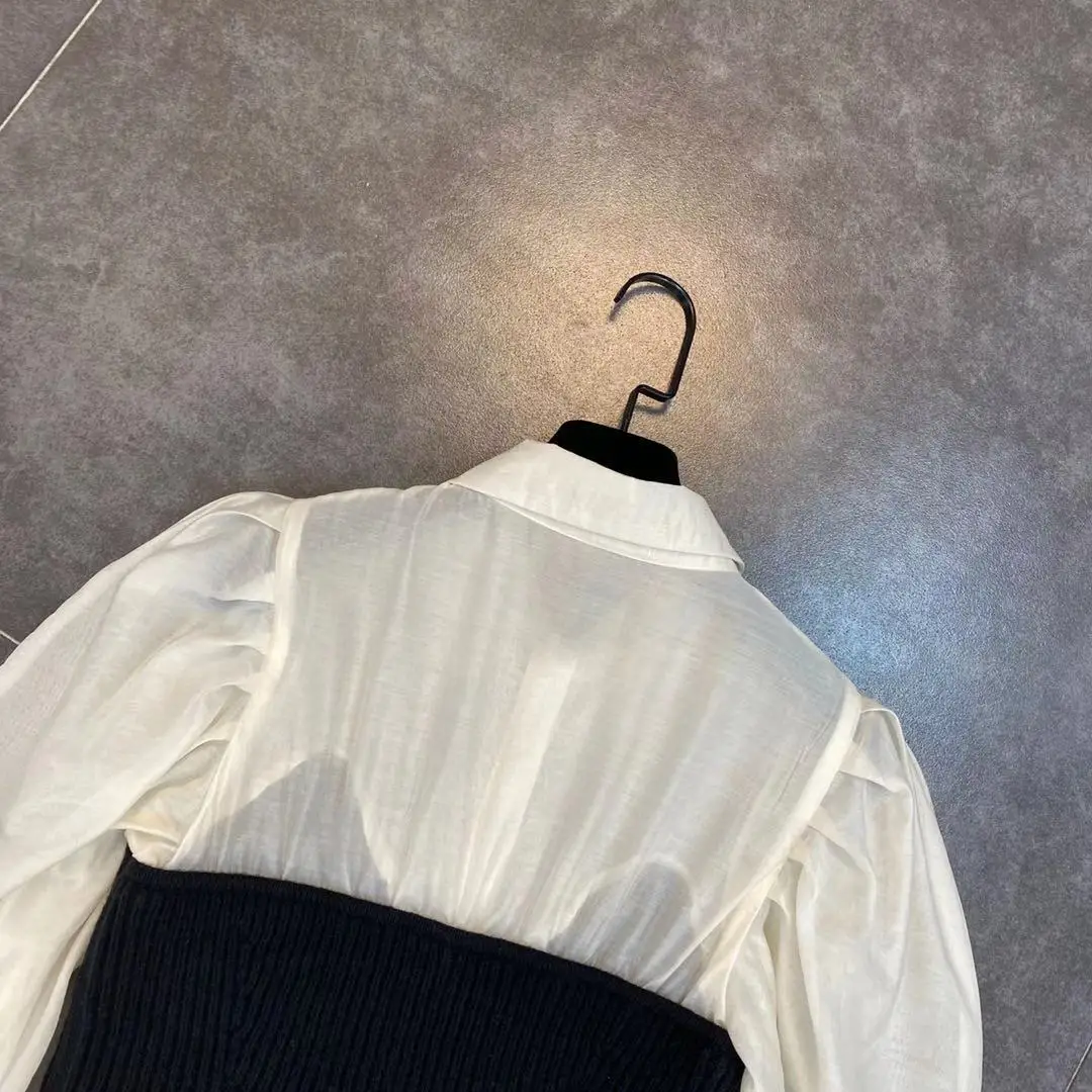 

ZCSMLL 2021 spring Lapel three dimensional bubble long sleeve stitching wool contrast shirt women blouses