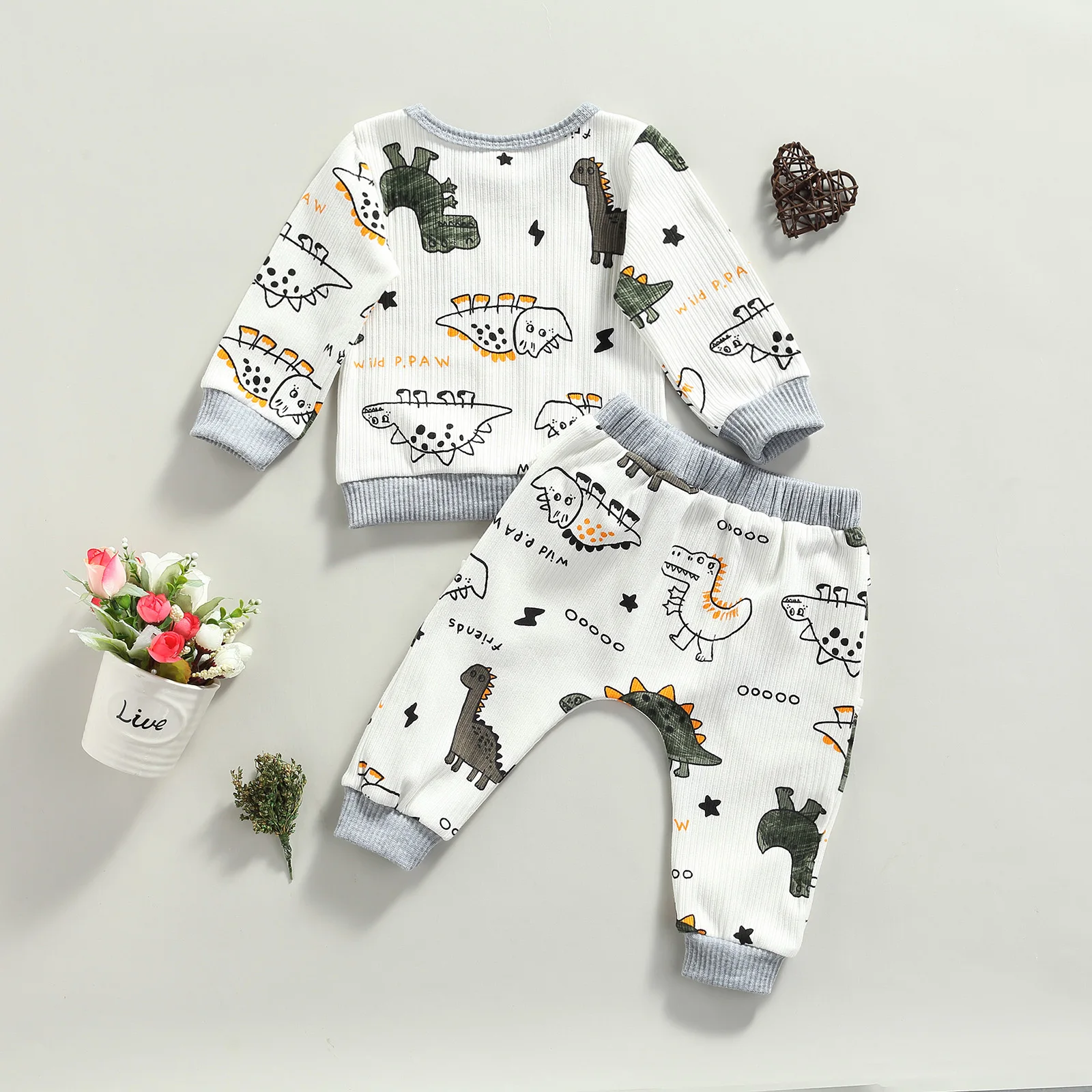 

0-24 Months Breathable Little Boys Leisure Wear, Toddlers Creative Dinosaur Printing O-neck Long Sleeve Tops + Long Pants
