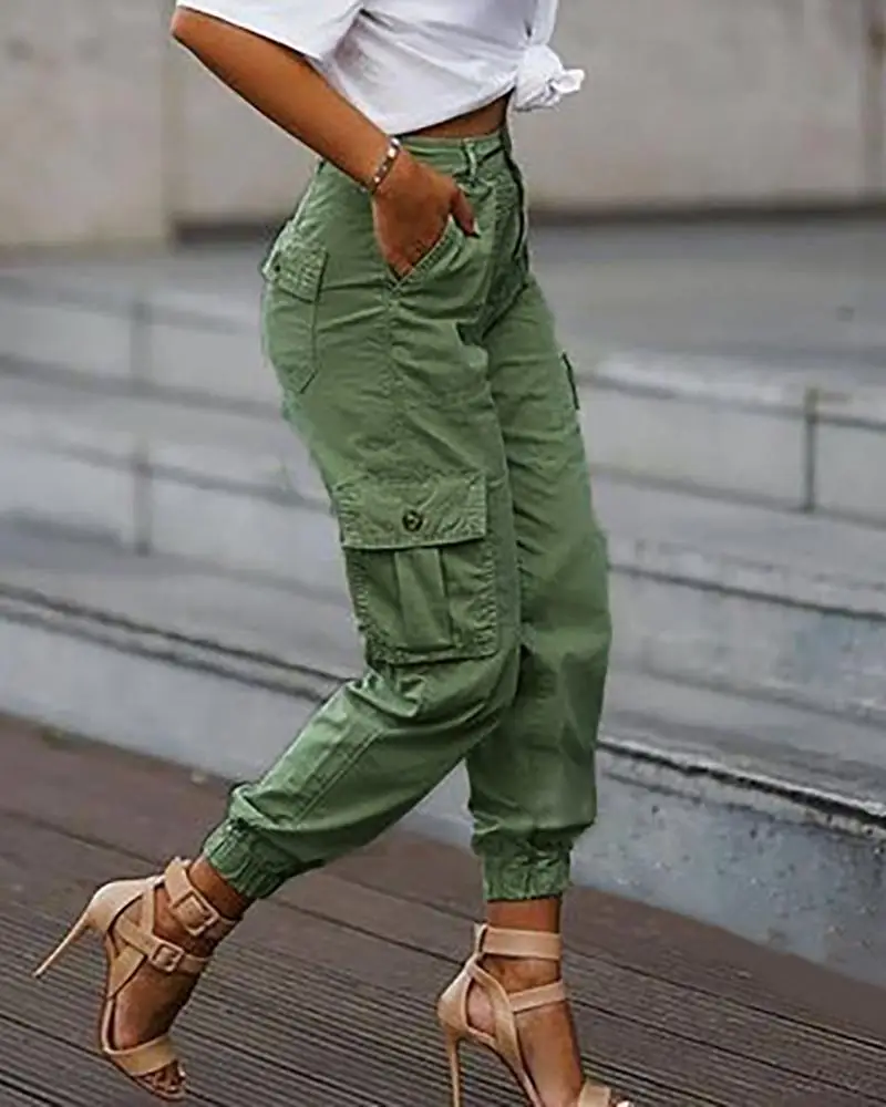 Women Fashion Casual Pants Women Trousers Camouflage Print Pocket Design Tied Cuff Cargo Pants Casual Pants bow tied botanical embroidered bell cuff tee