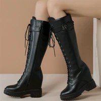 2021 punk creepers women lace up genuine leather high heel knee high boots female round toe thigh high platform fashion sneakers