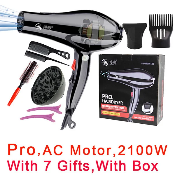 AC 7 Gifts with box Мощный профессиональный салонный фен для волос с двигателем постоянного или переменного тока, электрический фен, горячий/холодный ветер с насадкой для сбора воздуха - Цвет: AC 7 Gifts with box