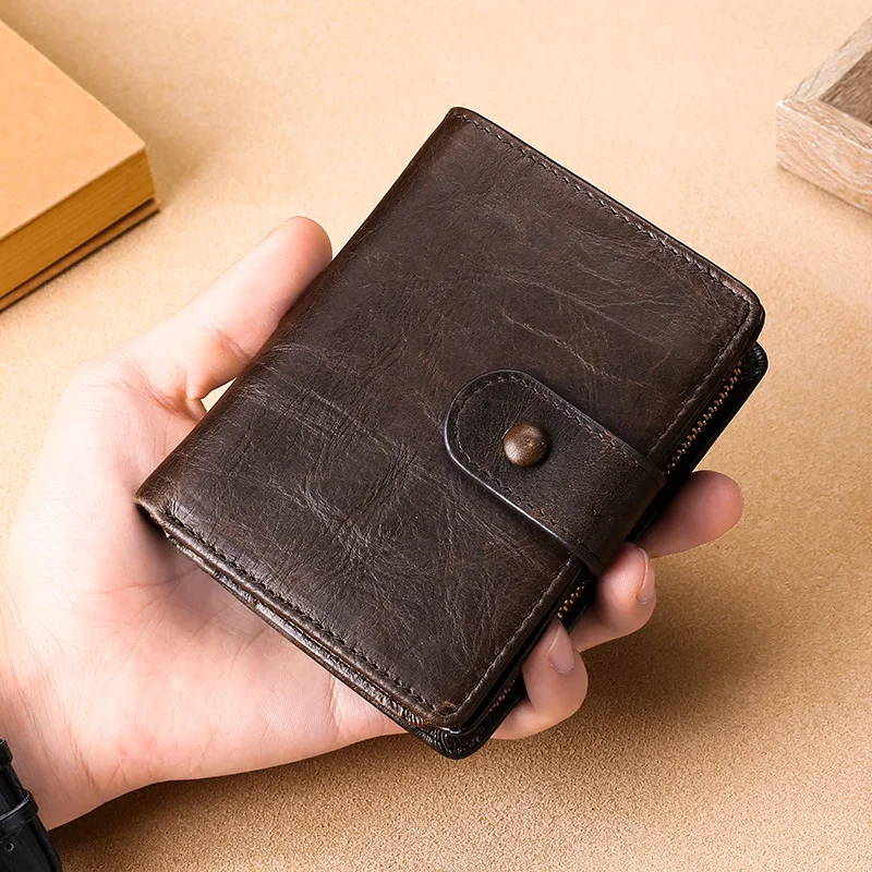 Crazy Horse Leather multifunctional men's wallet leather RFID buckle leisure retro Wallet 12 card large capacity Couple's purse