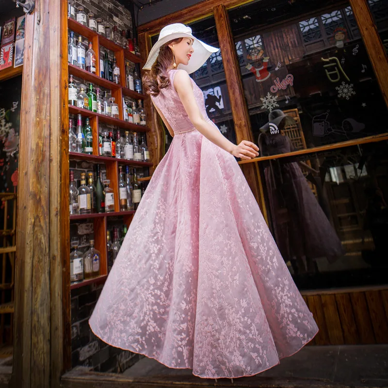 Шифоновое платье Новинка лета 2018 розовое длинное женское облегающее тонкое