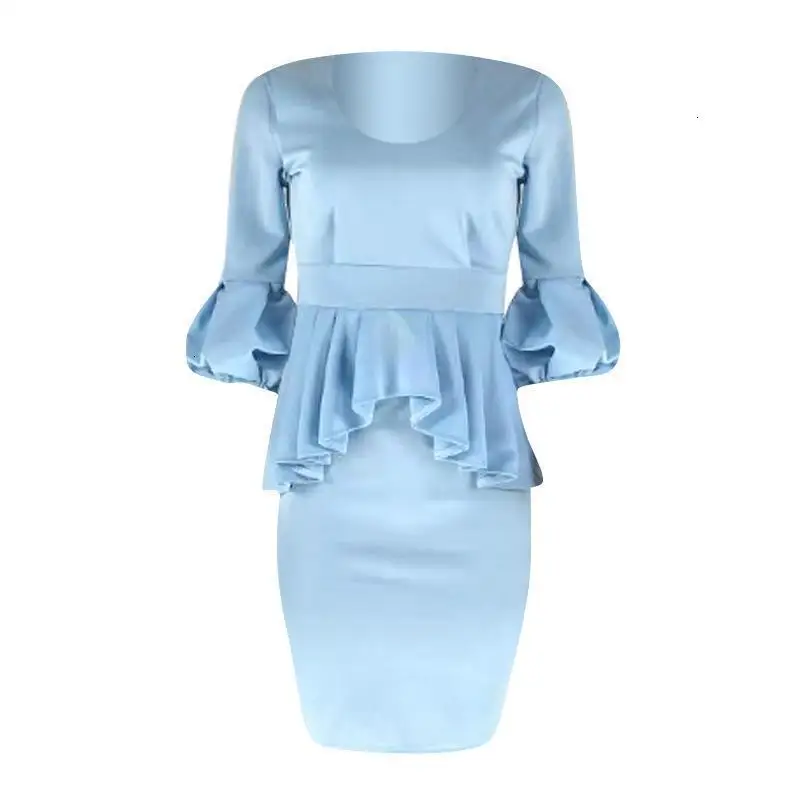 Женское офисное платье из 2 частей сексуальное с оборками длинный рукав-фонарик