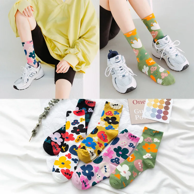 10 pieces = 5 pairs Women Socks Ins Fashion Cotton 2020 New Style for Autumn and Winter Fashion Flowers Korean Socks women