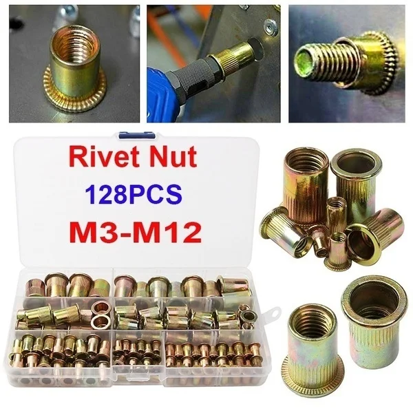 

128PCS M3-M12 Mixed Zinc Plated Carbon Steel Rivet Nut Threaded Rivet Nut Insert Kit