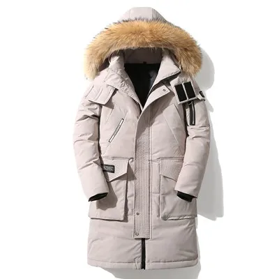 Beige 40 градусов теплая русская зимняя одежда для мужчин меховой воротник Толстая белая Камуфляжная парка с капюшоном куртка-пуховик карго верхняя одежда - Цвет: Beige