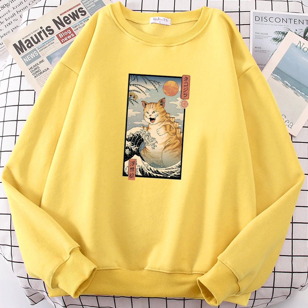 

Ukiyo e Cat Cute Hip Hop Print Hoodies Men's Cartoons Pullover Hoody Funny Crewneck Clothes Fashion Slim Spring Streetwear