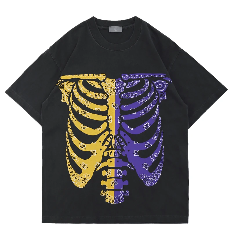 

2021SS T-shirt Men Women High Quality Vintage Double Colors Rib Skeleton Printing KAPITAL Tee Heavy Fabric Tops