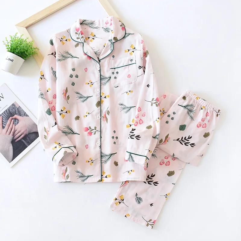 

Women Spring and Autumn Sleepwear New 100% Cotton Crepe Fabric Long Sleeved Trousers Thin Pajamas Strawberry Printing Pijama