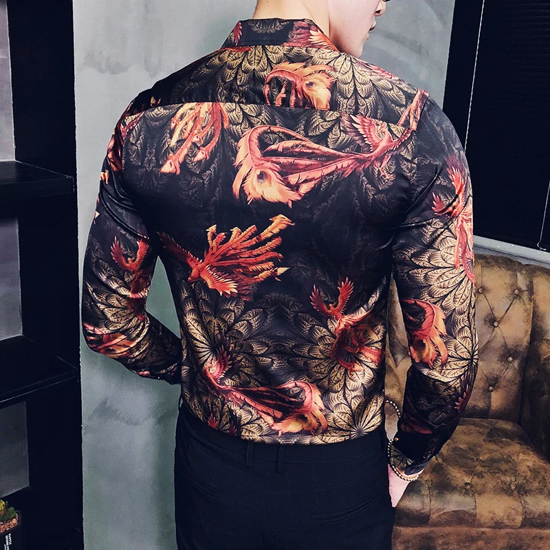 

Print Phoenix Fire Shirt Social Club Shirt Four Season Long Sleeve Slim Fit Shirt Men Designer Prom Shirt Camisa Masculina 5xl