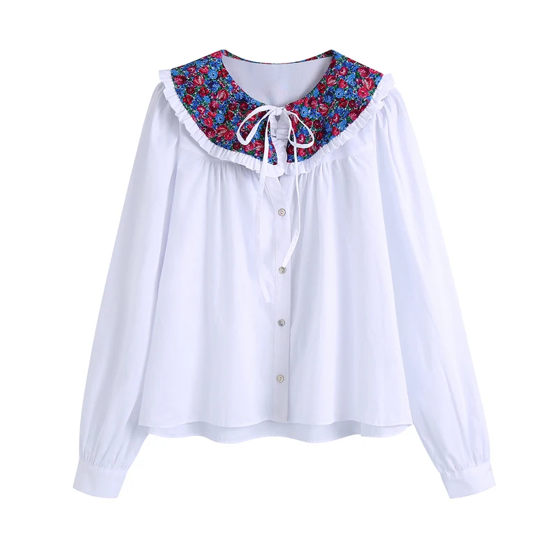 

Women 2021za Sweet Fashion top with printed collar Blouses White Vintage Long Sleeve Ruffled button-up Female Shirts Chic Top