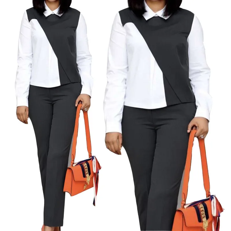 

Женский офисный костюм в африканском стиле, комплект из двух предметов, женская одежда, топ с отложным воротником и длинными рукавами и длин...