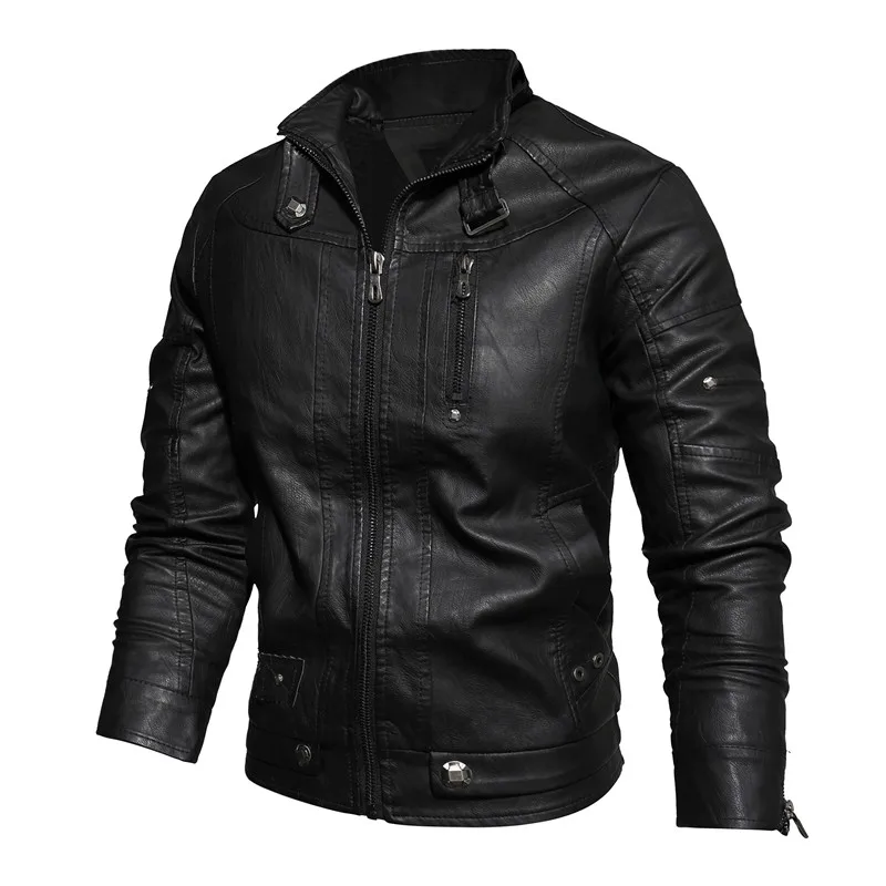 Men Motorcycle Jacket Casual Zipper Solid Color Spring Autumen PU Leather Coat Male Stand Collar Windbreaker Sportswear