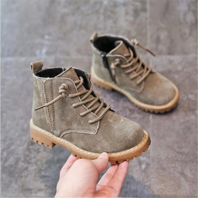 

New Children Shoes Autumn/Winter Genuine Leather Boys Girls Ankle Boots Warm Plush Snow Boots Baby Toddler Shoes Kids 02B