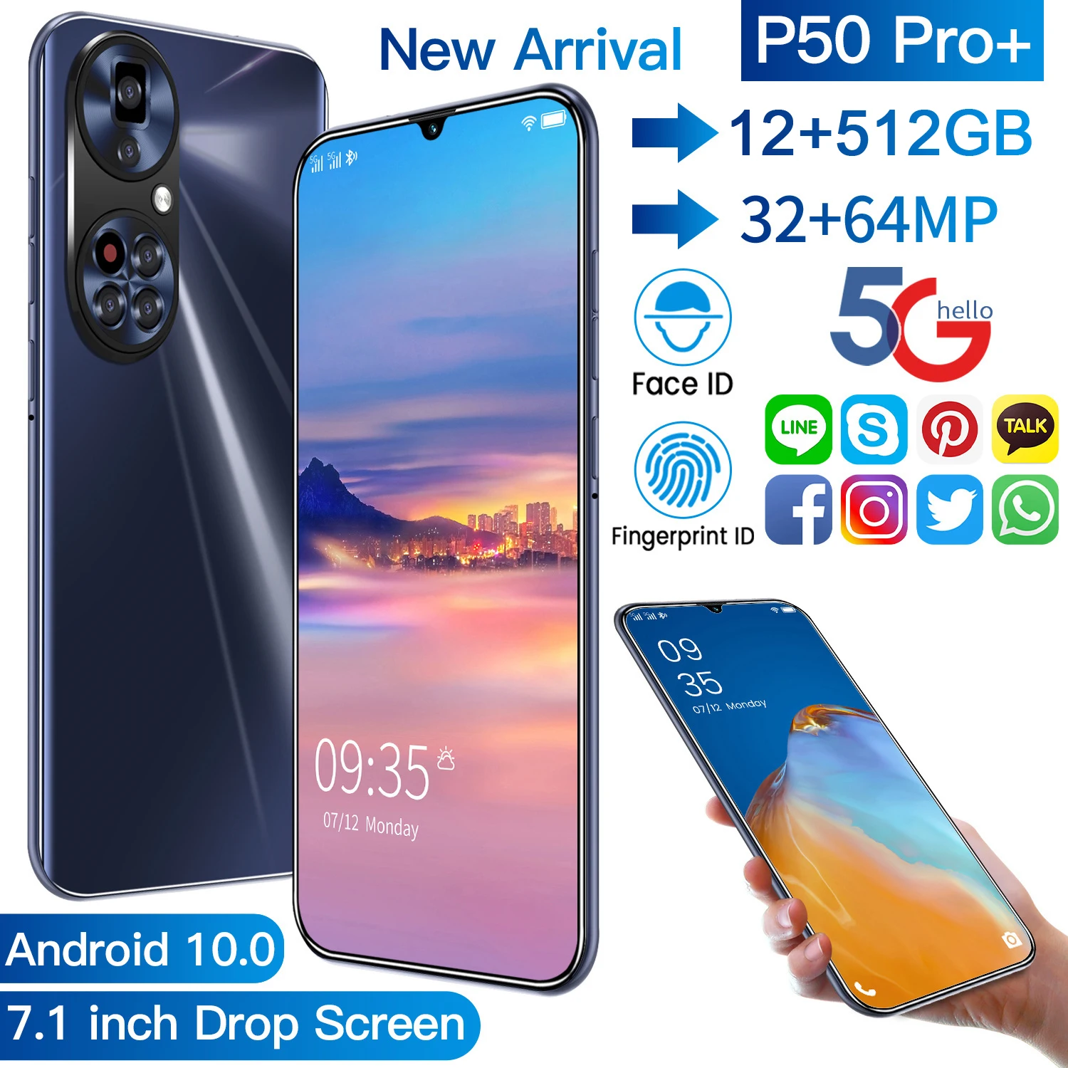 

New Arrival P50 Pro+ 7.1 Inch Drop Screen 32+64MP HD Smartphones 12GB+512GB 6800mAh Andriod 10 5G 4G Net Fingerprint ID Unlocked