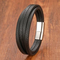 punk style men woven multi layer design genuine leather bracelet stainless steel magnetic clasp birthday gift jewelry