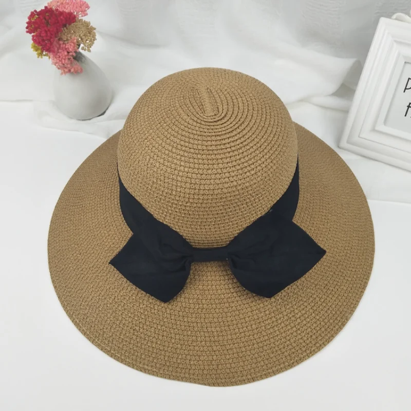 

2021 women's bowknot foldable summer sun hats floppy beach wide brim straw hat for travel