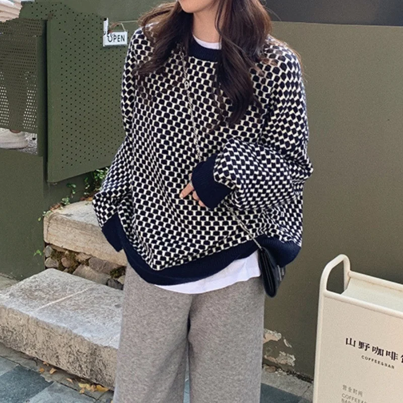 

Hot Sale 2021 Autumn Winter Korean Style O-Neck Womens Knitted Sweaters Winter Clothes for Women Warm Plaid Pullovers