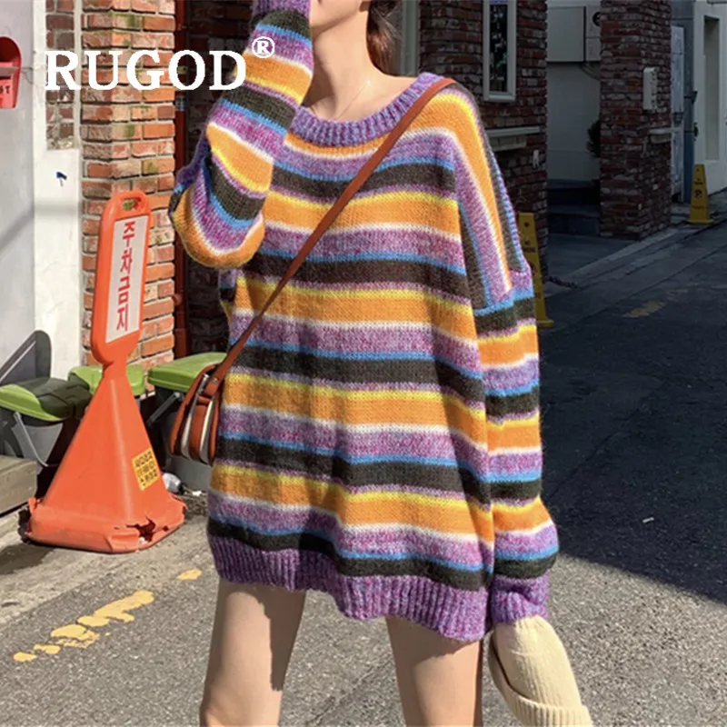 RUGOD корейский свитер Женская мода ins полоса рукав летучая мышь негабаритных свитера женские элегантные красочные auturm свободные пуловеры
