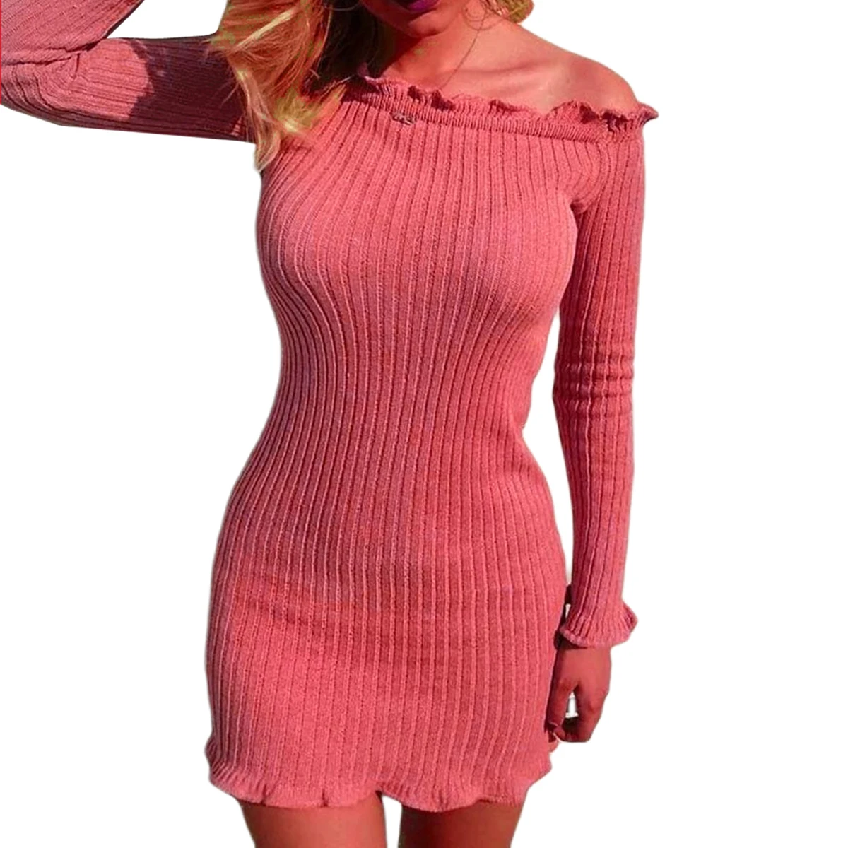 

Women Off The Shoulder Mini Pencil Dress Long Sleeve Solid color fungus edge Sexy Bodycon Knit Slim Maxi Sweater Dress
