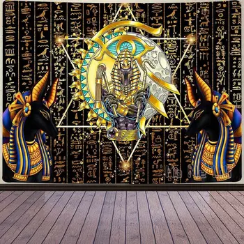 Egyptian God Tapestry Anubis Mythical Golden Rune Pentagram Pharaoh Scepter Eye Of Horus Wall Hanging