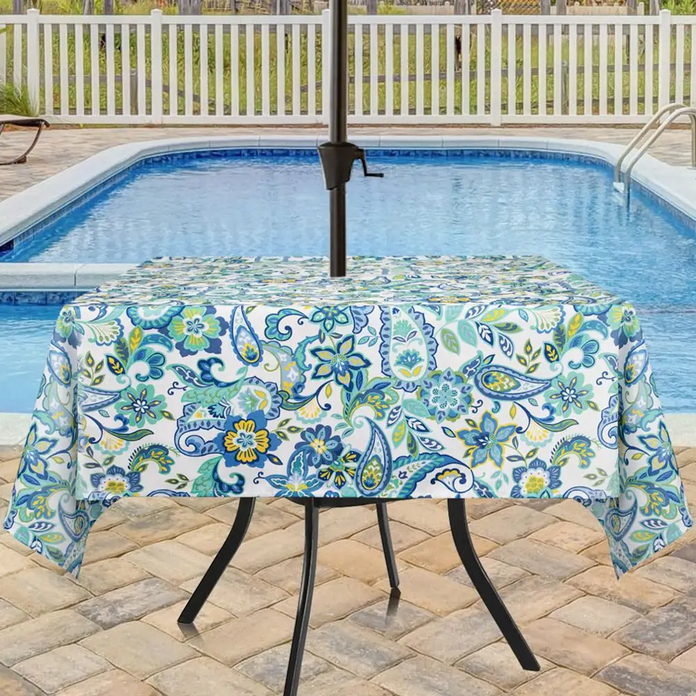 Eforcurtain Country Paisley Printed Outdoor Patio Tablecloths Waterproof Machine Washable Fabric Tablecloth with Zipper on - Столовые скатерти Eforcurtain с принтом пейсли для открытых патио, водонепроницаемые, стиральные, с молнией.