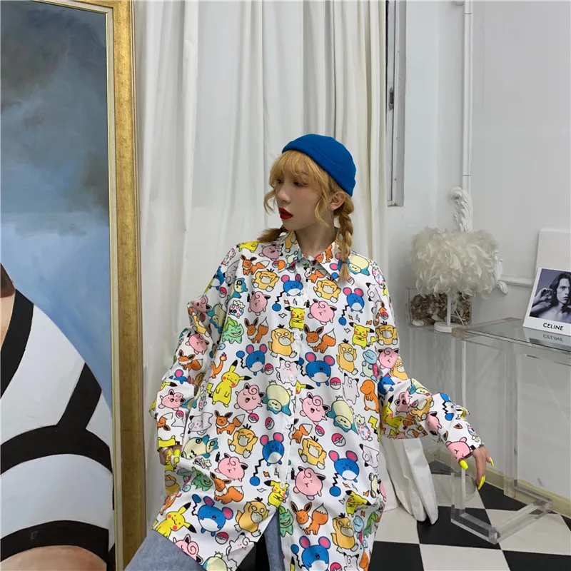 Harajuku BF Стильная дизайнерская женская блузка белая с мультяшным принтом отложной