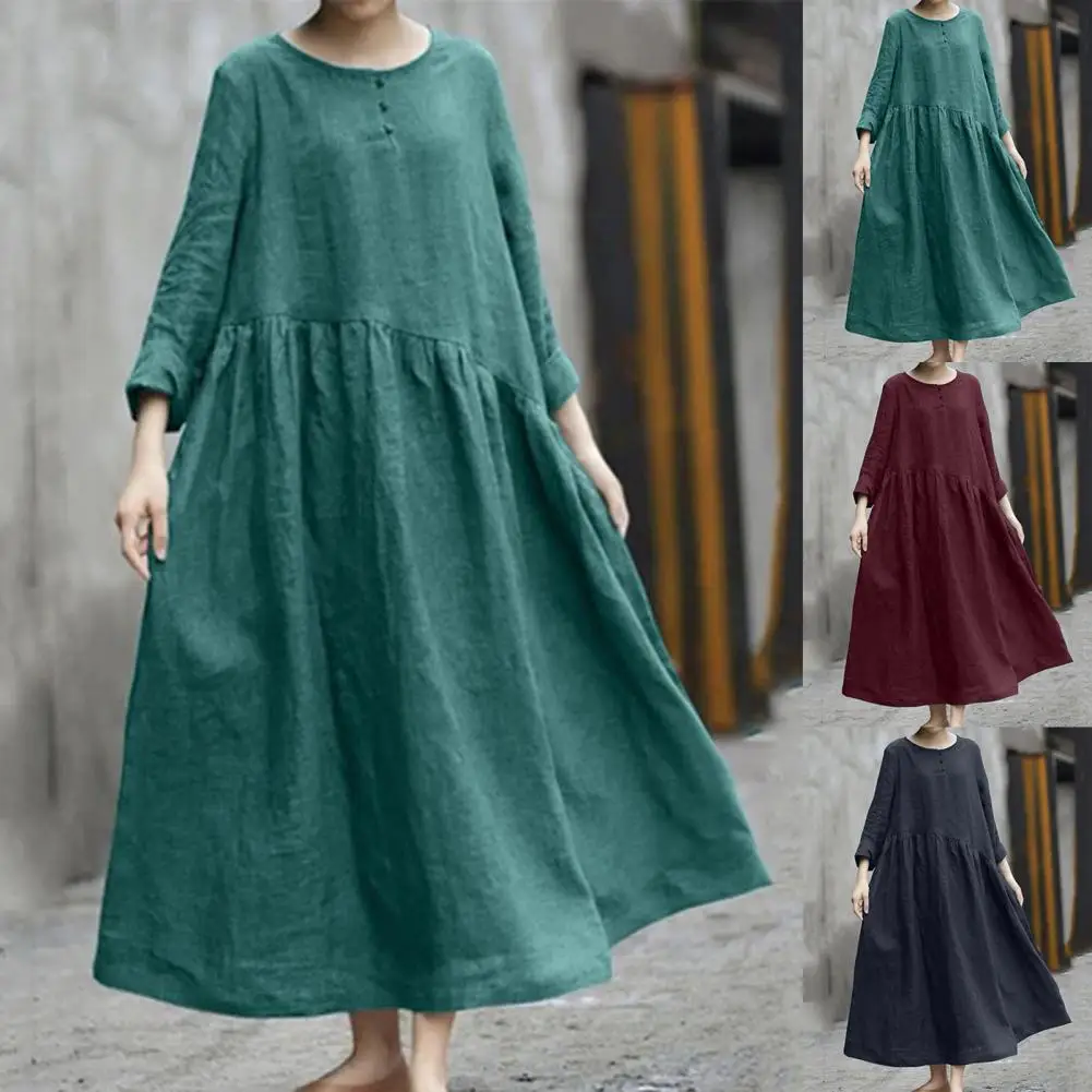 

Dresses Irregular Stitching Long Sleeve Baggy Dress Large Hem O-Neck Buttons Decor Loose Fit Women Dress Oversized Streetwear