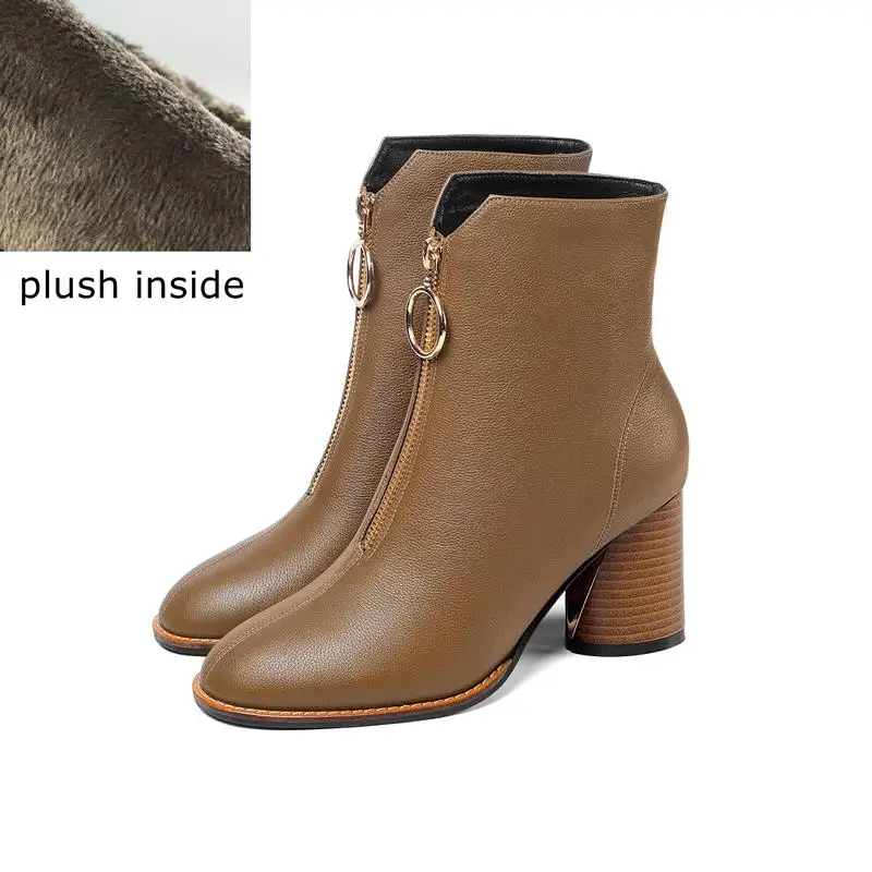 plush inside ALLBITEFO/пикантные однотонные женские ботинки из натуральной кожи на высоком каблуке высококачественные Ботильоны на молнии модные зимние ботинки для девочек - Цвет: plush inside