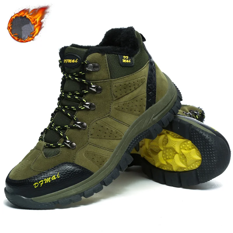 ArmyGreen(Plush Fur) Теплые уличные мужские треккинговые ботинки Водонепроницаемые кожаные треккинговые ботинки меховые плюшевые зимние ботинки профессиональные ботинки для альпинизма - Цвет: ArmyGreen(Plush Fur)