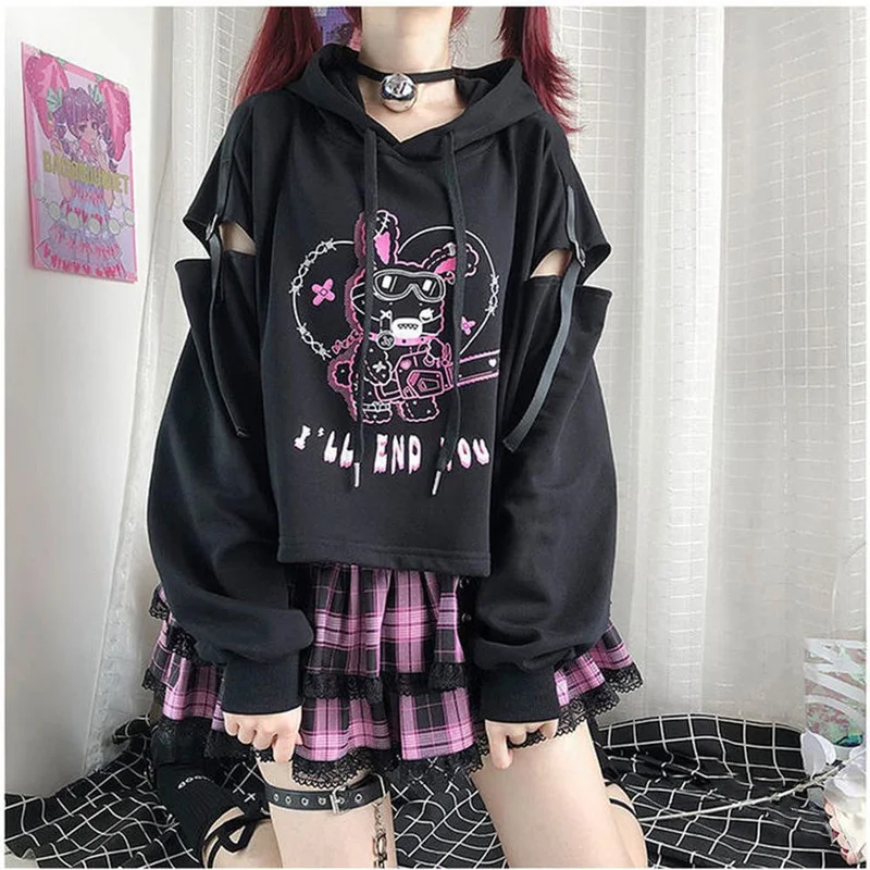 Autumn  Women Hoodie Letter Print Sweatshirt Stitching Belt Hollow Out Gothic Style Hoodies Oversized Tops Lolita Women Clothes