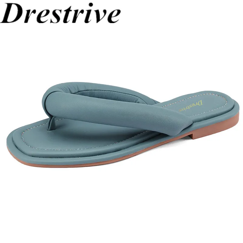 

Drestrive Women Slippers Sheepskin Round Toe 2021 Summer Fashion Flats Flip Flops Low Heel Casual Shoes Black
