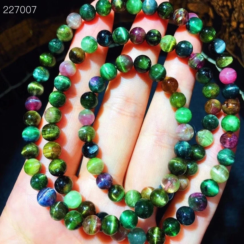 

Браслет женский, 6 мм, из натурального разноцветного турмалина, кошачий глаз, 3 круга