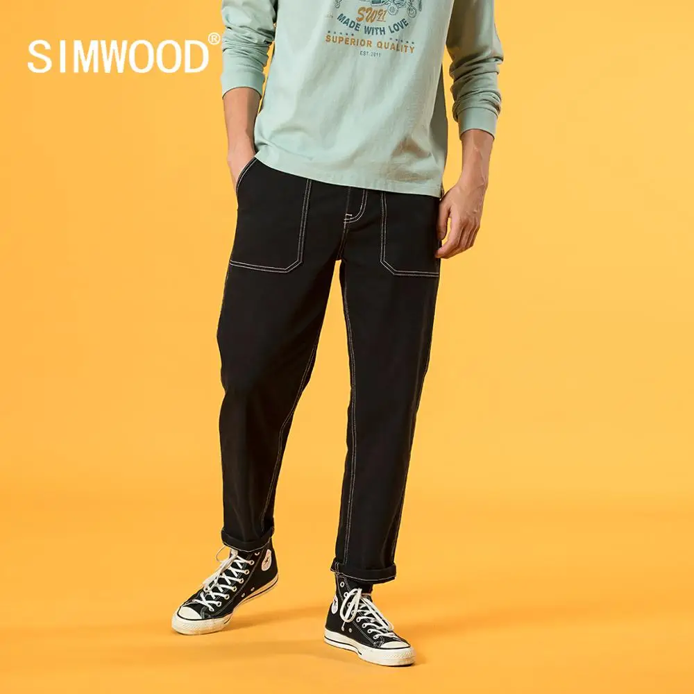 

SIMWOOD 2022 Spring Winter New Black Jeans Men Loose Tapered Ankle-length Denim Trousers Enzyme Washed Plus Size Jeans SJ130243
