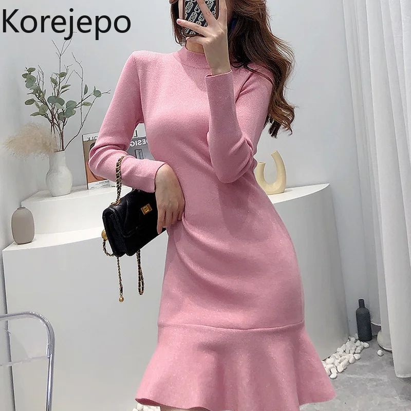

Korejepo Bottomed Dress Women Temperament 2021 Winter New Fishtail Round Neck Long Sleeve Sexy Slim Knit Dresses Female
