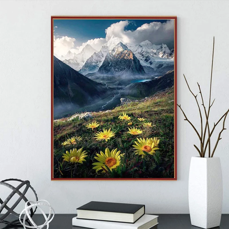 Алмазная 5D Вышивка сделай сам картина с маргариткой снегом гор стразы вышивка