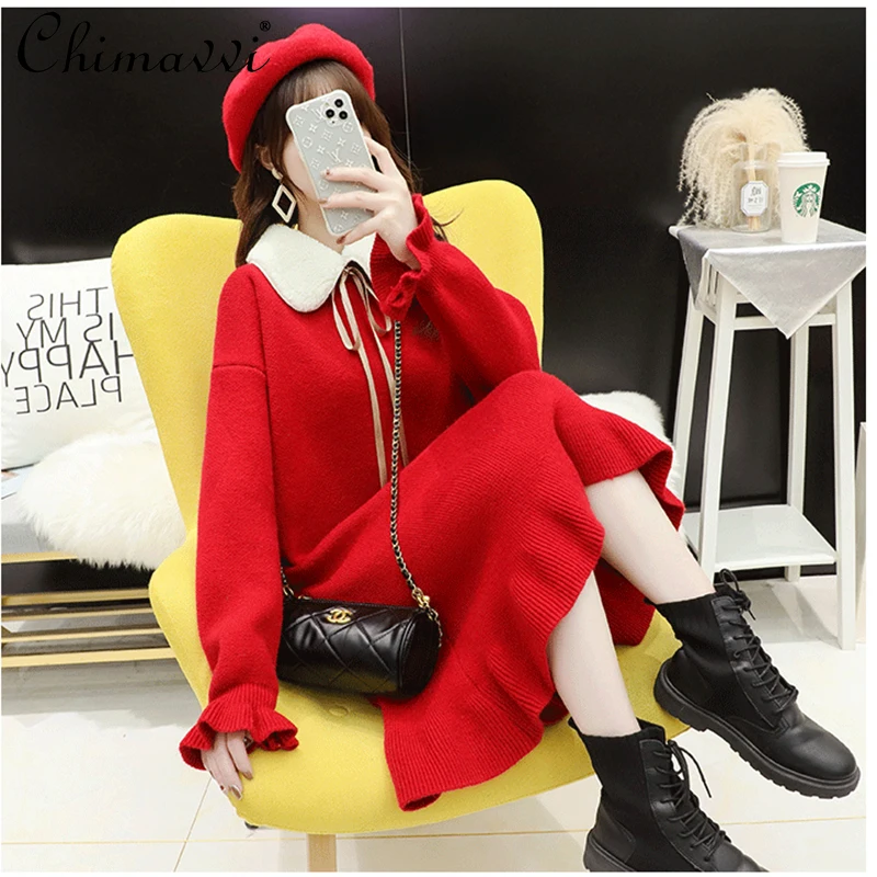 

Women's Clothing 2021 Winter Doll Collar Knitted Dress Autumn Thickening Girl Inner Wear Woolen Dress Long Sleeve Casual Dress