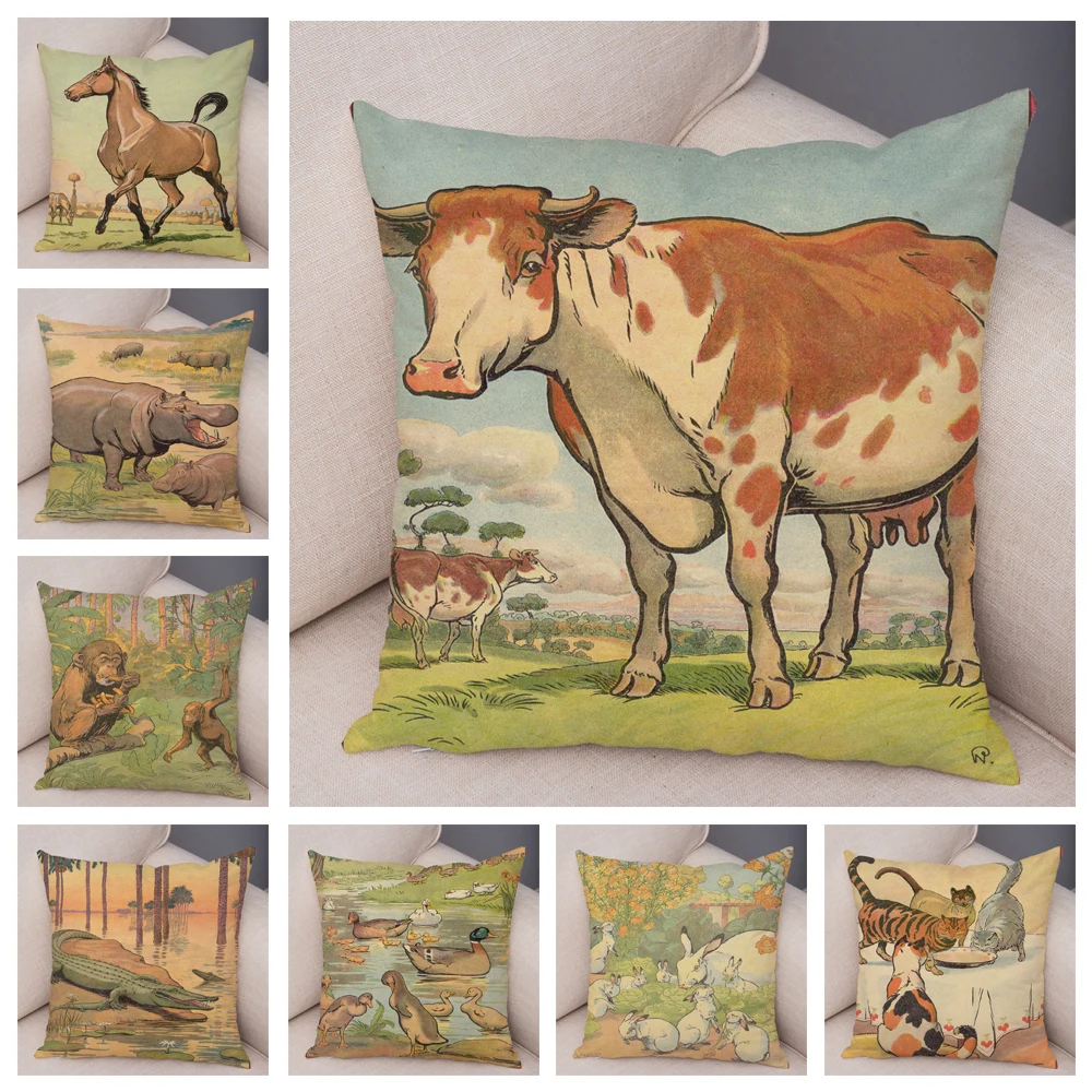 Vintage Style Farm Animal Cushion Cover for Children Room Sofa Plush Pillowcase Decor Cute Cartoon Cow Horse Lion Pillow Case