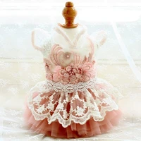 handmade cute dog dress pet clothes peachy beige stand collar hollowed lace pearl flowers cheongsam yorkie poodle party holiday