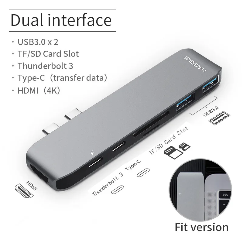 Hagibis 7-в-1 двойной USB-C концентратор Тип-C USB HUB адаптер USB-C к HDMI SD/TF Card Reader PD зарядки 4 к HD для MacBook Pro USB 3,0 концентратор - Цвет: Fit version