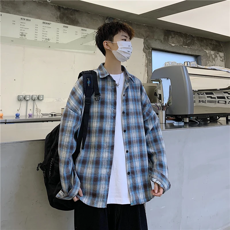 

Spring Autumn Plaid Shirt Men Korean Fashion Loose Business Casual Shirt Men Harajuku Streetwear Social Long Sleeve Shirt Men
