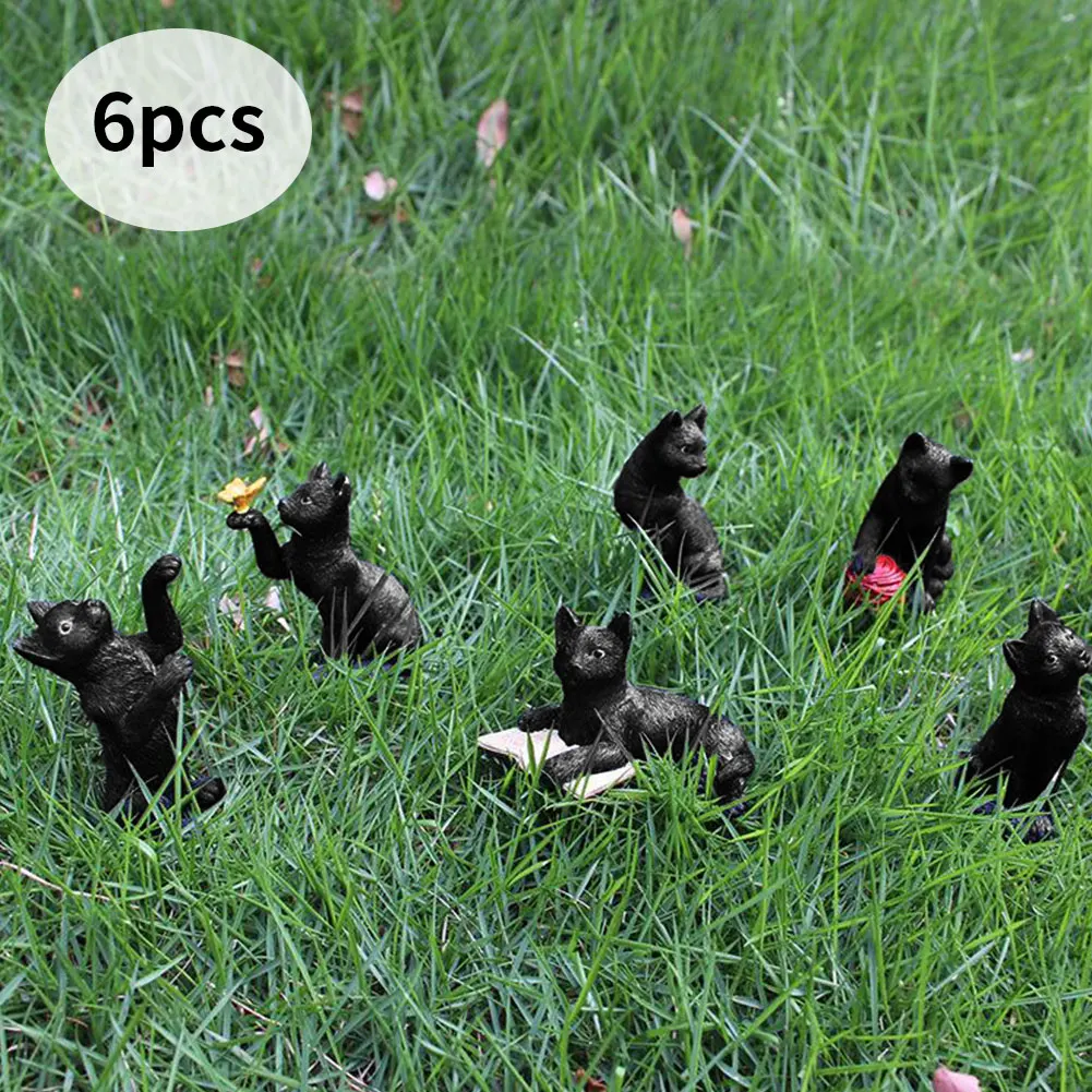 

6PCS Cat Garden Decoration Stakes Ornaments Mini Animal Flower Pot Micro Landscape Plug-In Decor Black Cat Garden Ornaments New