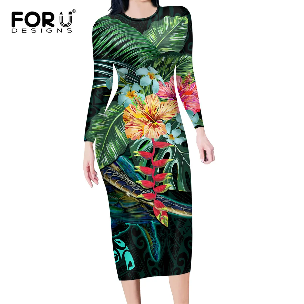 

FORUDESIGNS Poly Hibiscus Pattern Stretchy Bodycon Party Dress for Women Fashion Ladies Long Sleeve Slim Tops Female Dresses