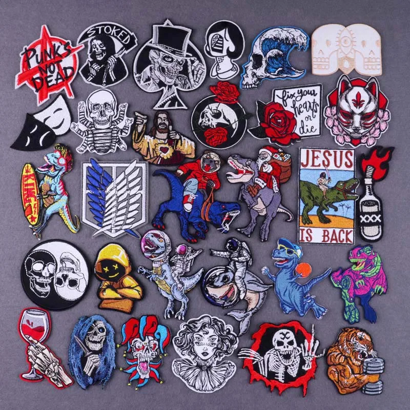 

Embroidery Patch for Clothing Dinosaur Iron On Patches DIY Applique Clothes Stickers Hippie Rock Patches On Clothes Punk Stripes