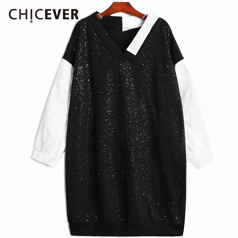 

CHICEVER, прямой свитер для женщин, v-образный вырез, длинный рукав, в стиле пэчворк, цветной блок, свитшоты, Женская корейская модная одежда, осен...