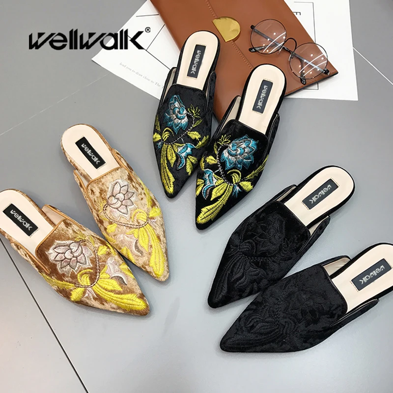 Мюли женские с вышивкой шлепанцы на плоской подошве без застежки китайский тотем