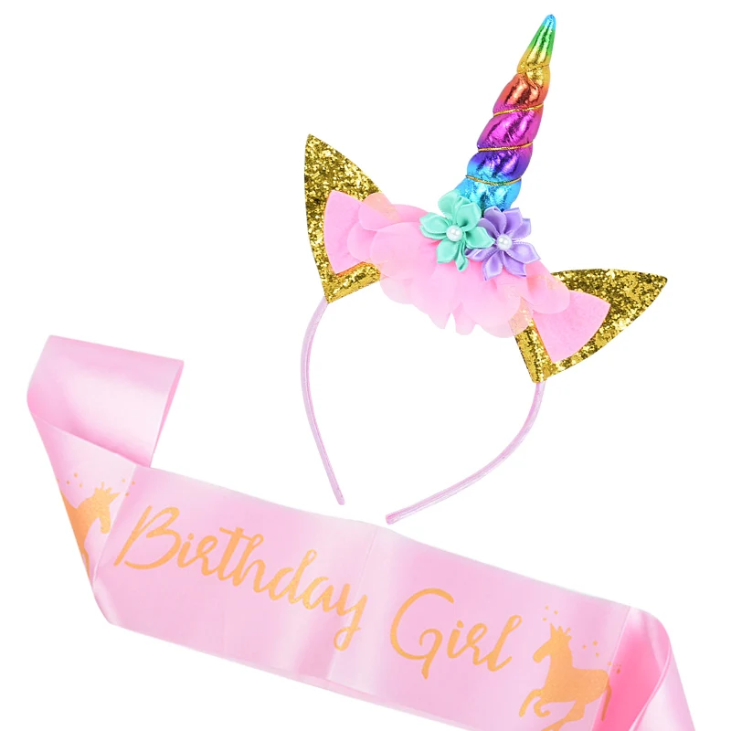 

Unicorn Horn Headband Birthday Girl Sash Satin for Girl 1st Birthday Party Decoration Unicorn Theme Party Hair Band Baby Shower