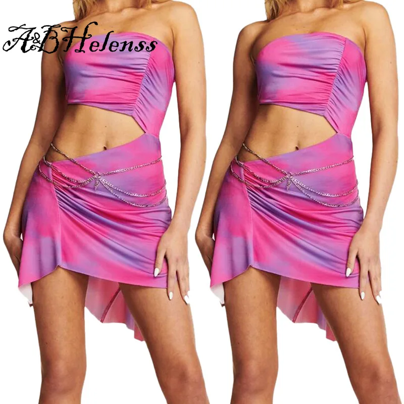 

A&BHelenss Sexy Strapless Sleeveless Pink Crop Top And Open Fork Dress Sexy Tight Club Party Fashion 2 Pieces Set